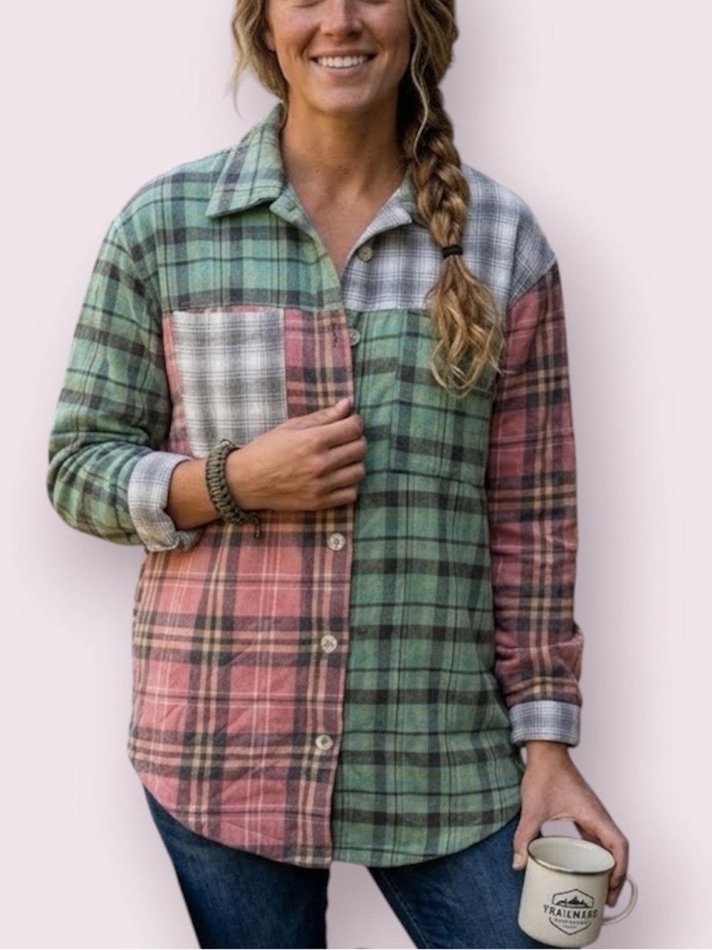 Polagram Flannel Quilted Mixed Plaid Jacket Pink green Gray Size Medium